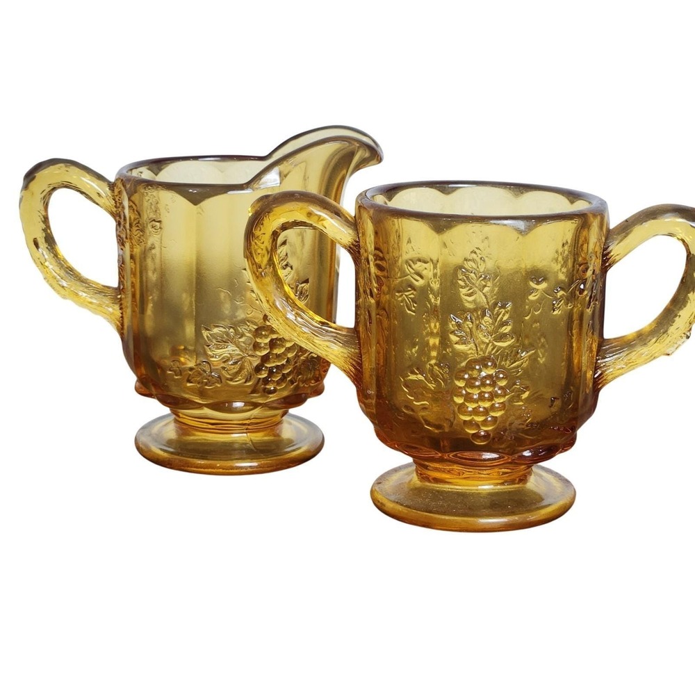 L.G. Wright Grape sugar & creamer set Golden Sunset amber color.